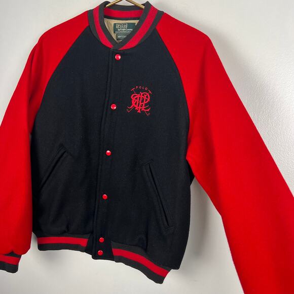Vintage Polo by Ralph Lauren Black & Red Wool Varsity Jacket Emblem Letterman XL - Picture 4 of 7